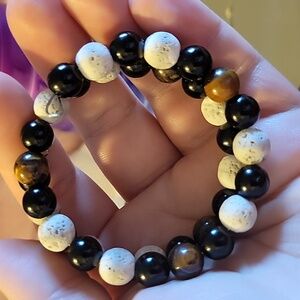 Adjustable Tiger Eye, White Lava Stone & Black Beaded Memory Wire Bracelet
